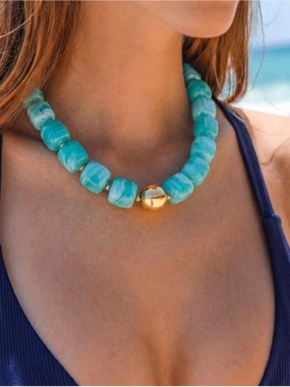 Turquoise Light Blue Mint Beaded Statement Necklace with 14K Gold Plated Accent